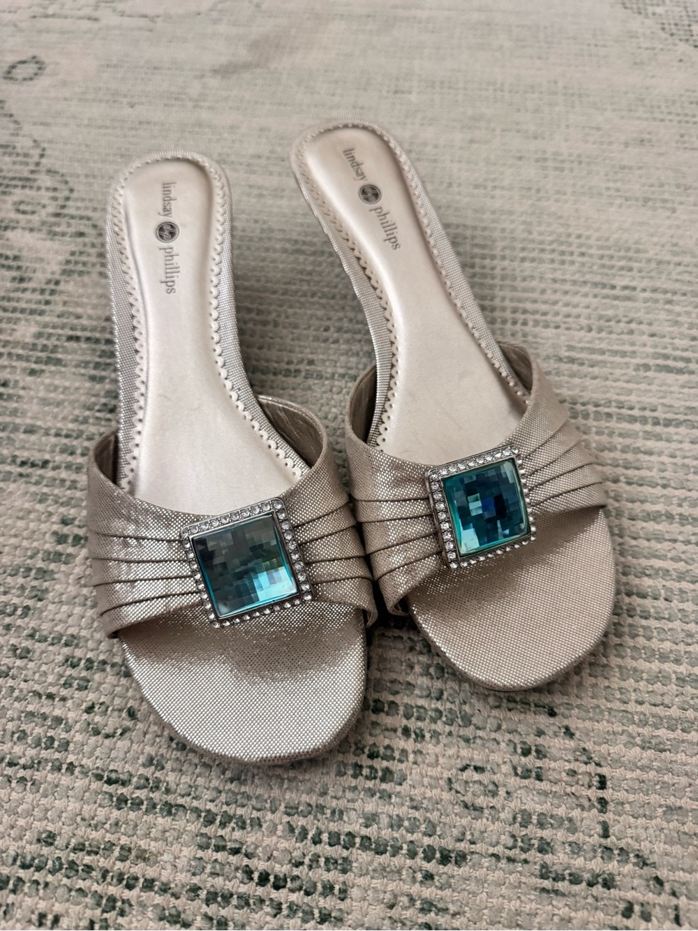 lindsay phillips Silver Slide Mules with Teal Gem Accent
